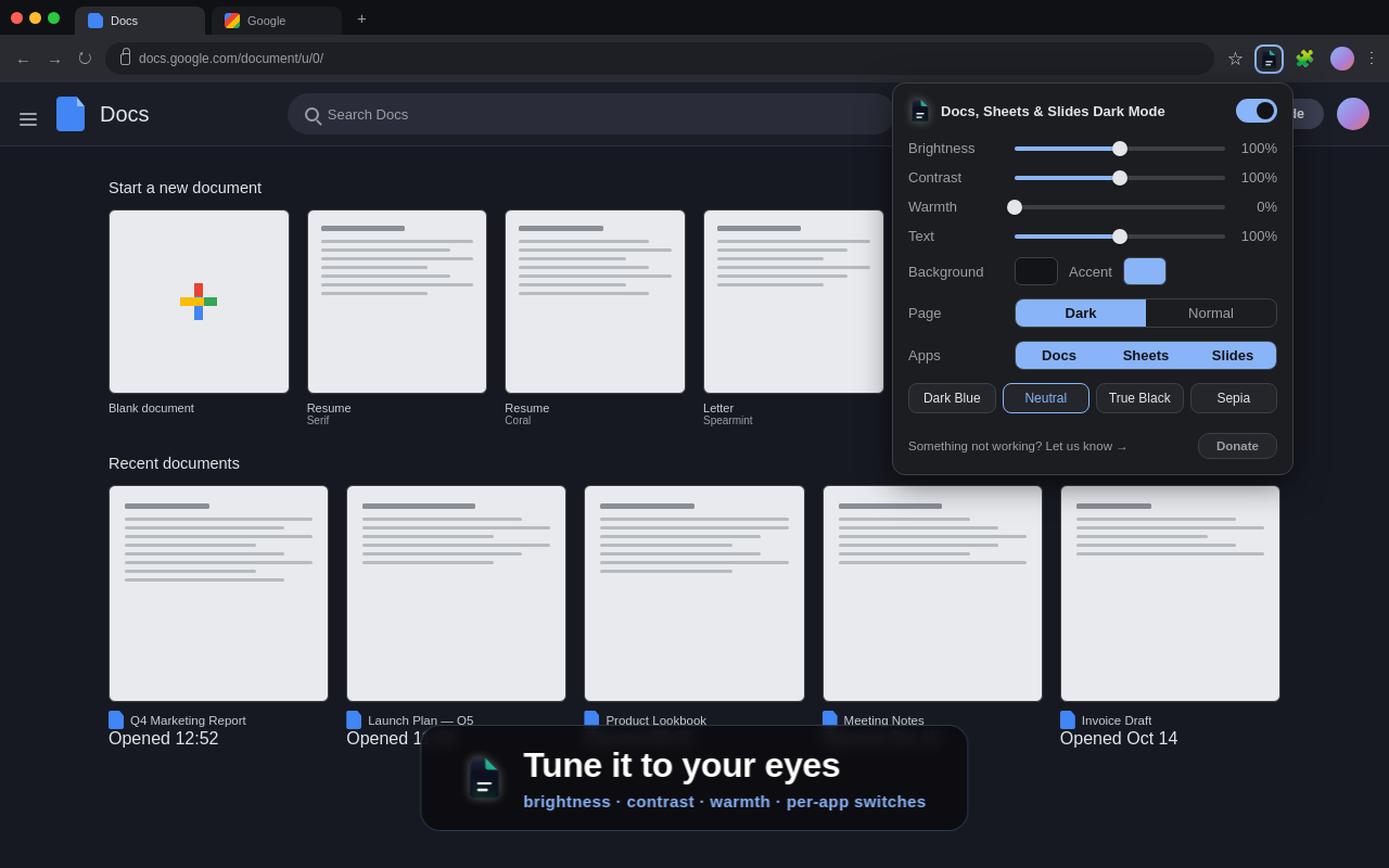 Dark Mode for Docs の設定パネル — 明るさ・コントラスト・色温度・アプリ別スイッチ